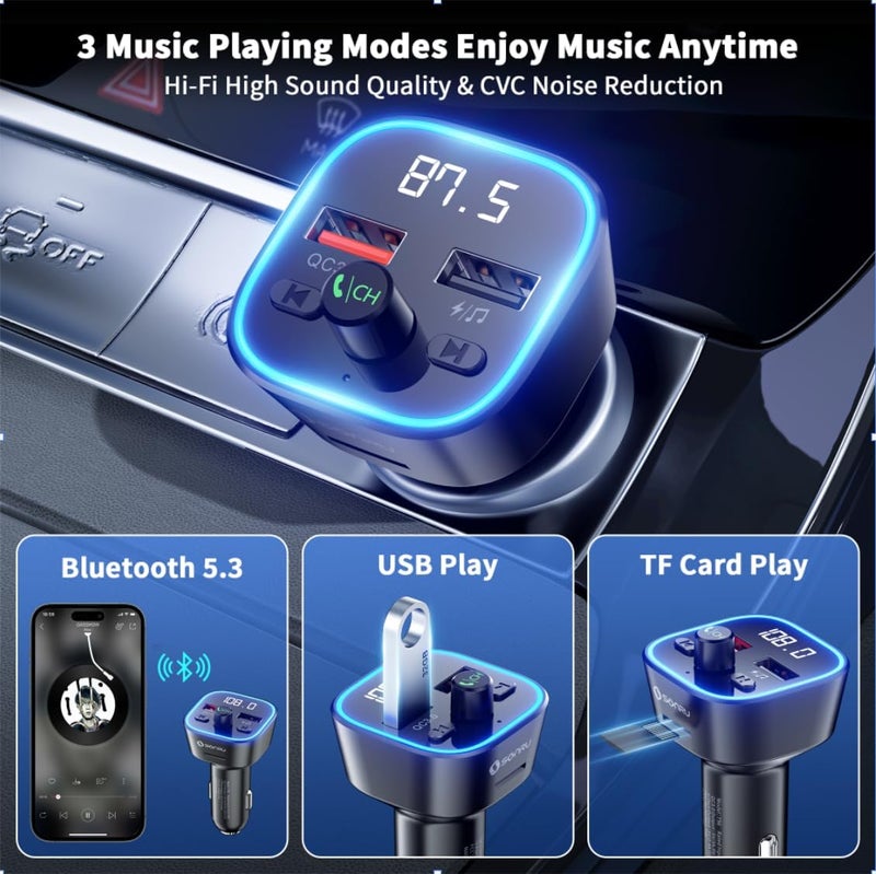 SONRU Bluetooth 5.3 FM Transmitter, Wireless Radio Adapter Car Kit, Audio Receiver Car Charger, Wireless FM Radio Transmitter, Hands-Free Calling and 2 USB Ports Charger - Image 5